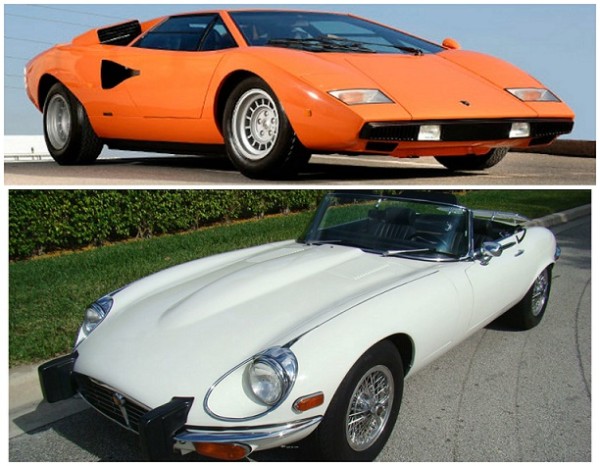 1976 Lamborghini Countach LP400 and Jaguar XKE 1974 White classic cars